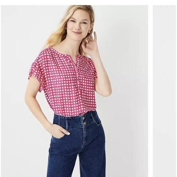 Ann Taylor womens Blouse Top Size XS Pink White‎ Plaid Mixed Media Preppy Spring - Picture 1 of 11